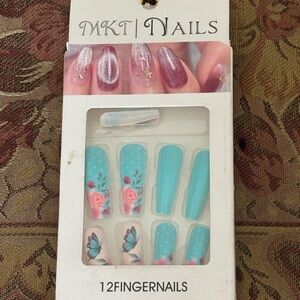 Turquoise Floral & Butterfly Press-On Nails